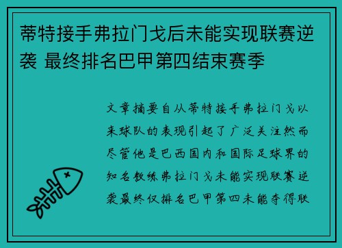 蒂特接手弗拉门戈后未能实现联赛逆袭 最终排名巴甲第四结束赛季